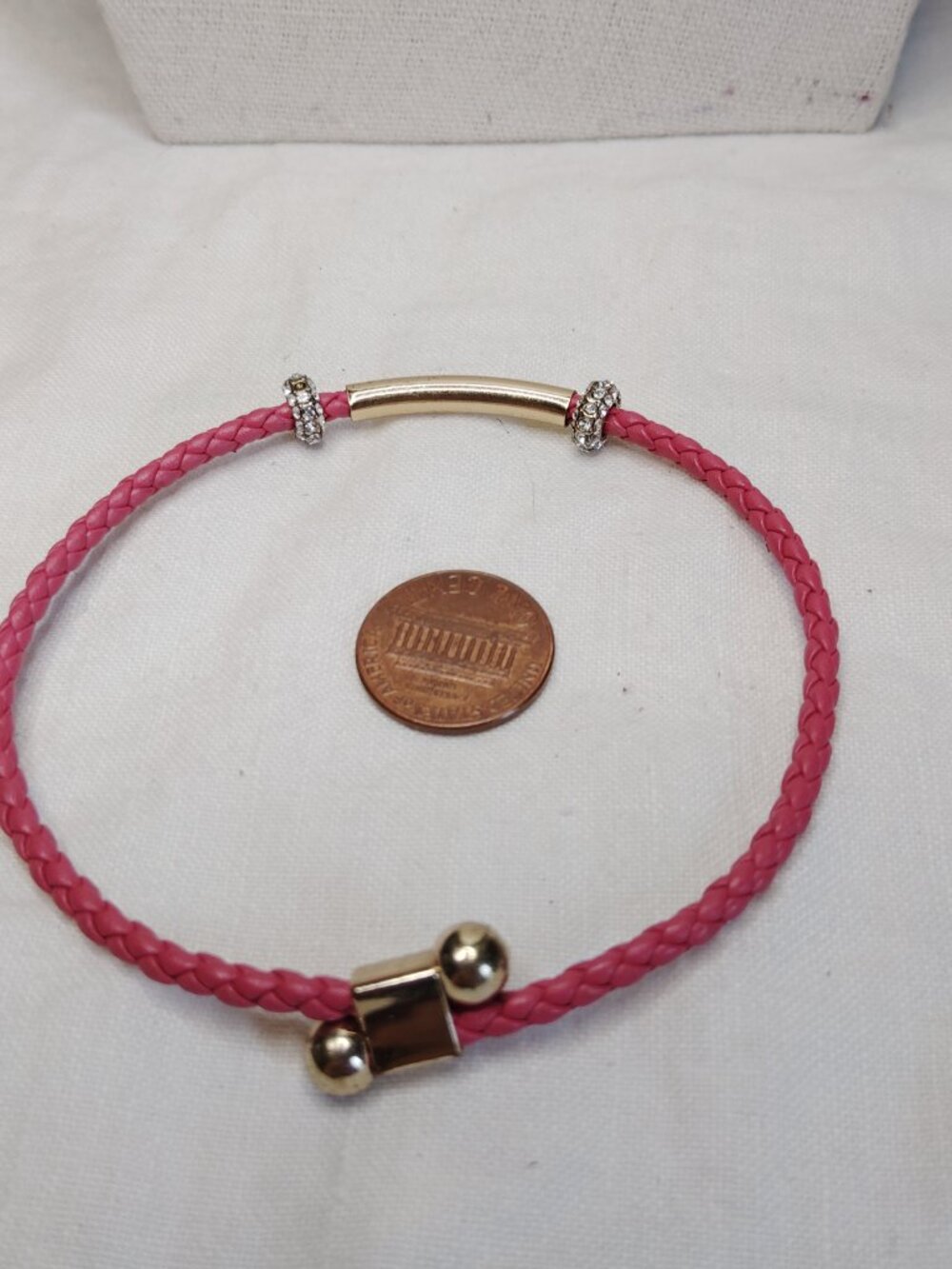 Pink Braided Cord Bracelet with Gold Tube & Crystal Accents